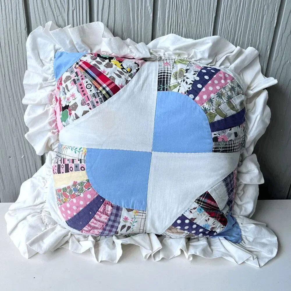 Vintage Handmade Quilted Patchwork Pillow Ruffle Edge Cottagecore Farmhouse Deco